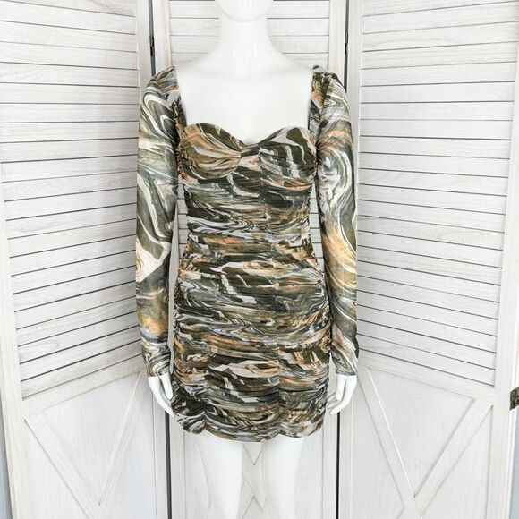 Zara Sheath Dress Marbled Ruched Draped Tulle Mini Khaki Green Orange Small - Picture 1 of 16
